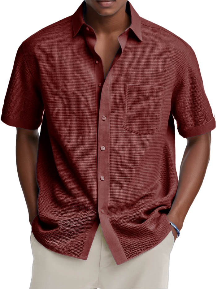 Men's Fashion Casual Retro Waffle Fabric Pocket Short-sleeved Shirt