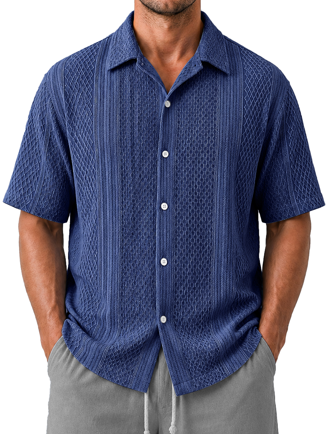 Men's Casual Jacquard Textured Solid Color Short-Sleeve Shirt