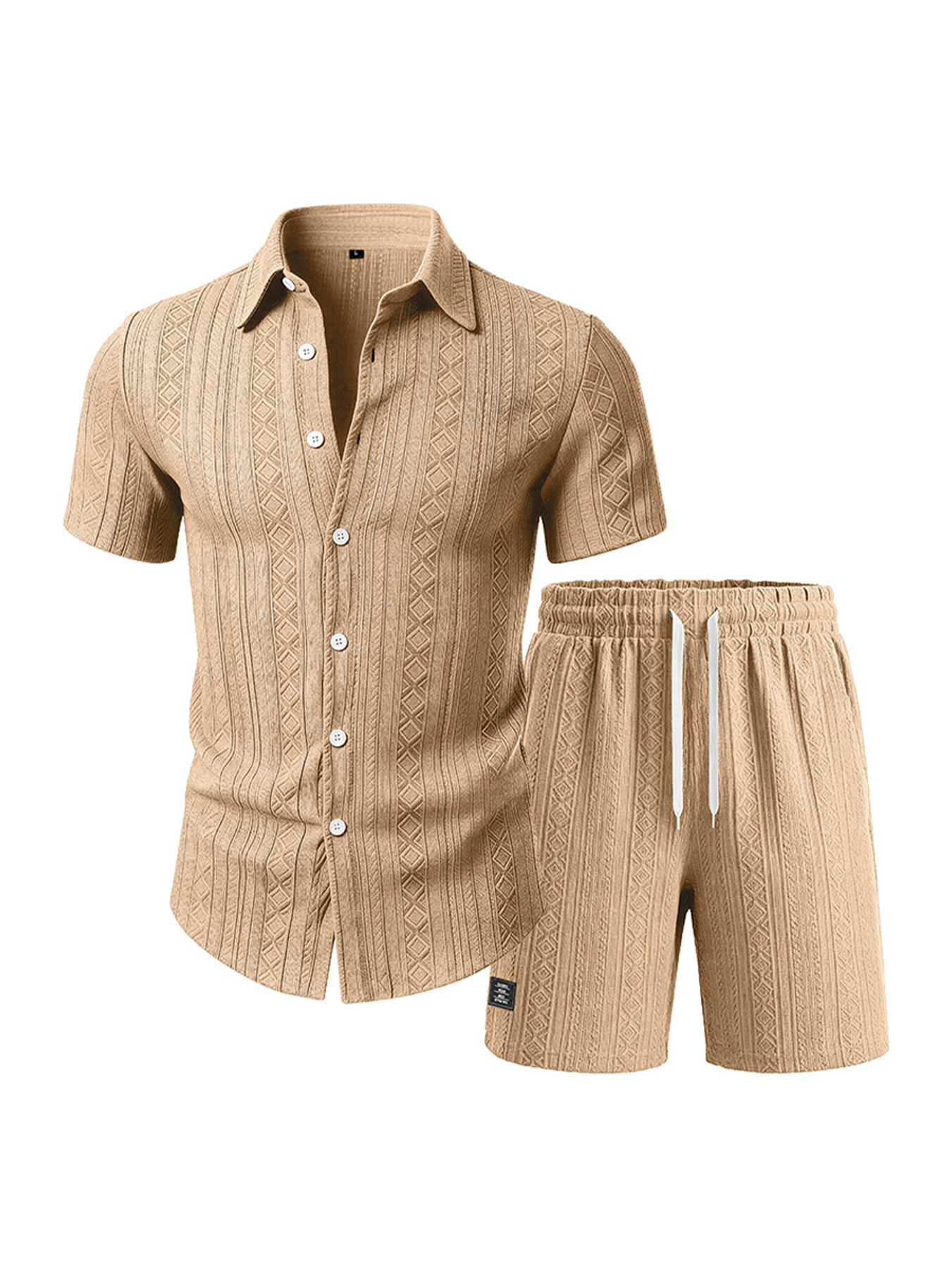 Men's Casual Jacquard Textured Solid Color Shirt and Shorts Two-Piece Set