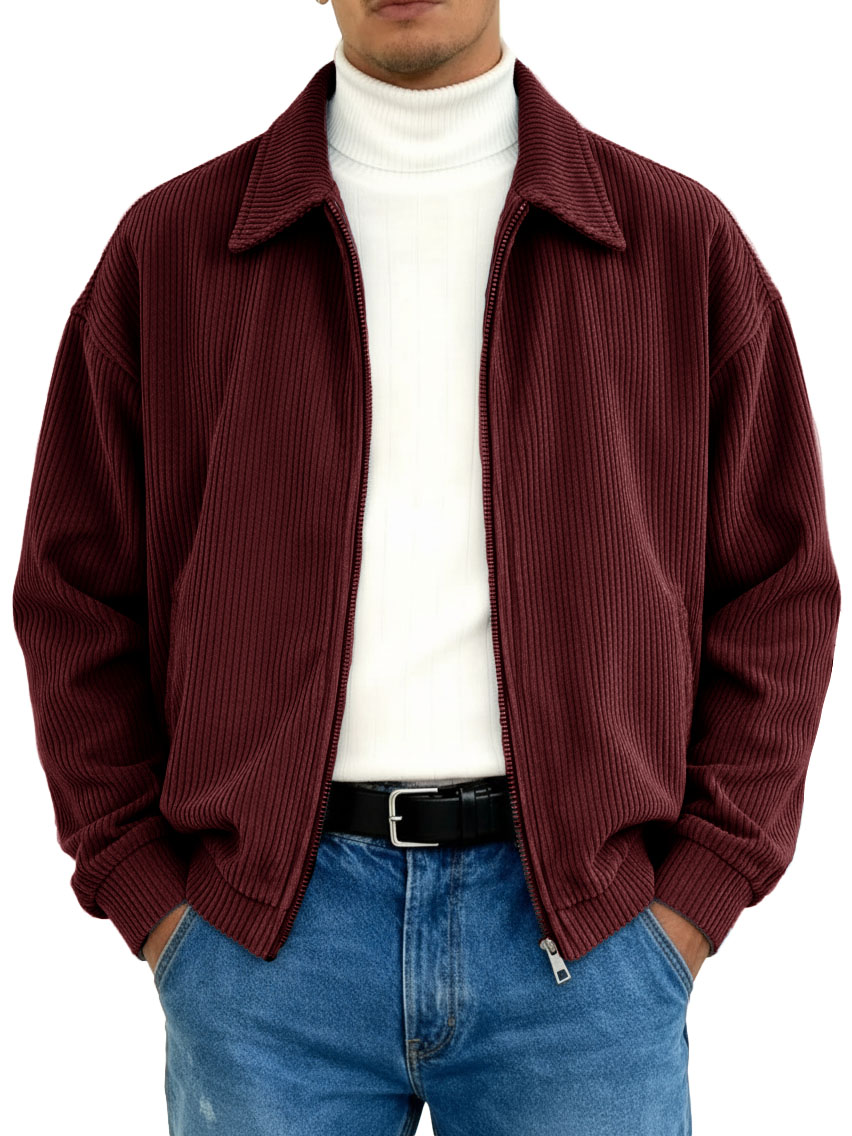 Men's Stylish Vintage Ribbed Fabric Long-sleeved Lapel Motorcycle Jacket