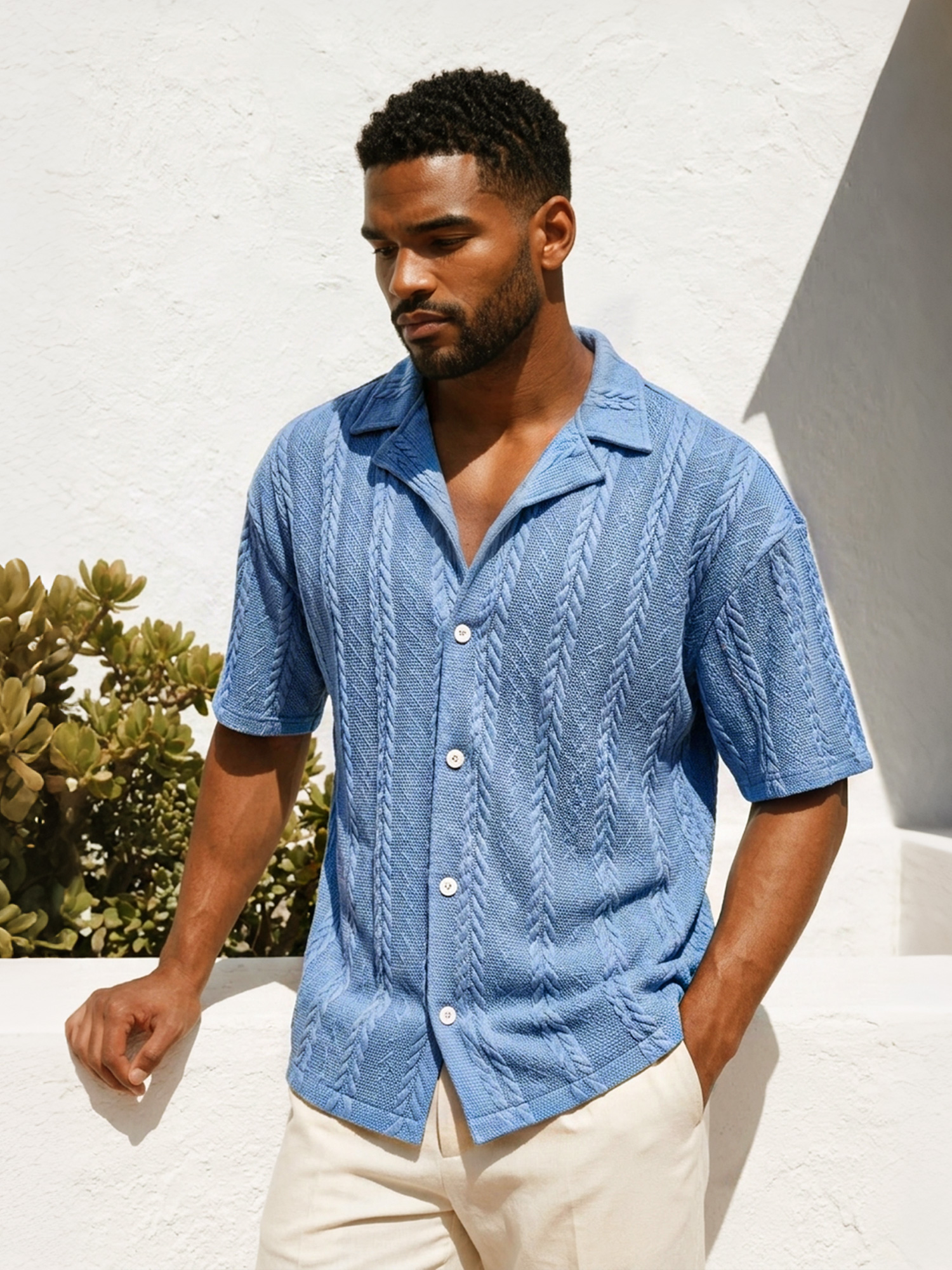 Men's Casual Solid-Color Short-Sleeve Shirt with Jacquard Texture