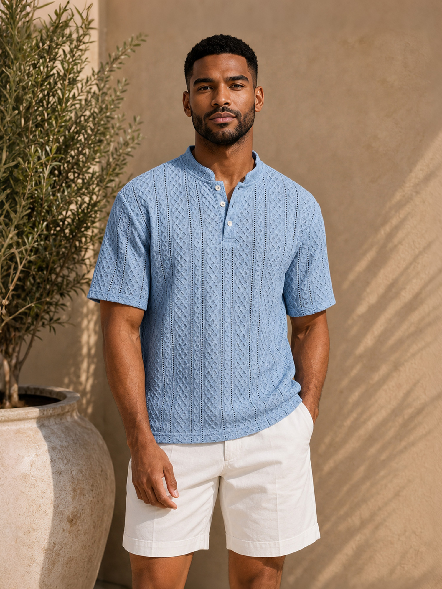 Men's Short-Sleeve Henley Shirt with Stand Collar, Button Placket, and Textured Jacquard Finish