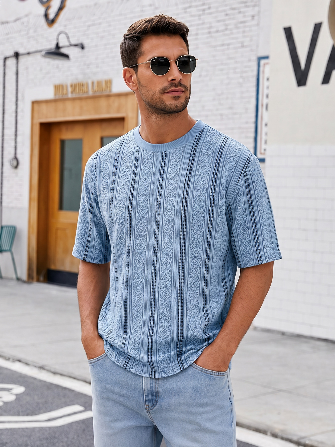 Men's Solid-Color Short-Sleeve Crew-Neck T-Shirt with Jacquard Texture