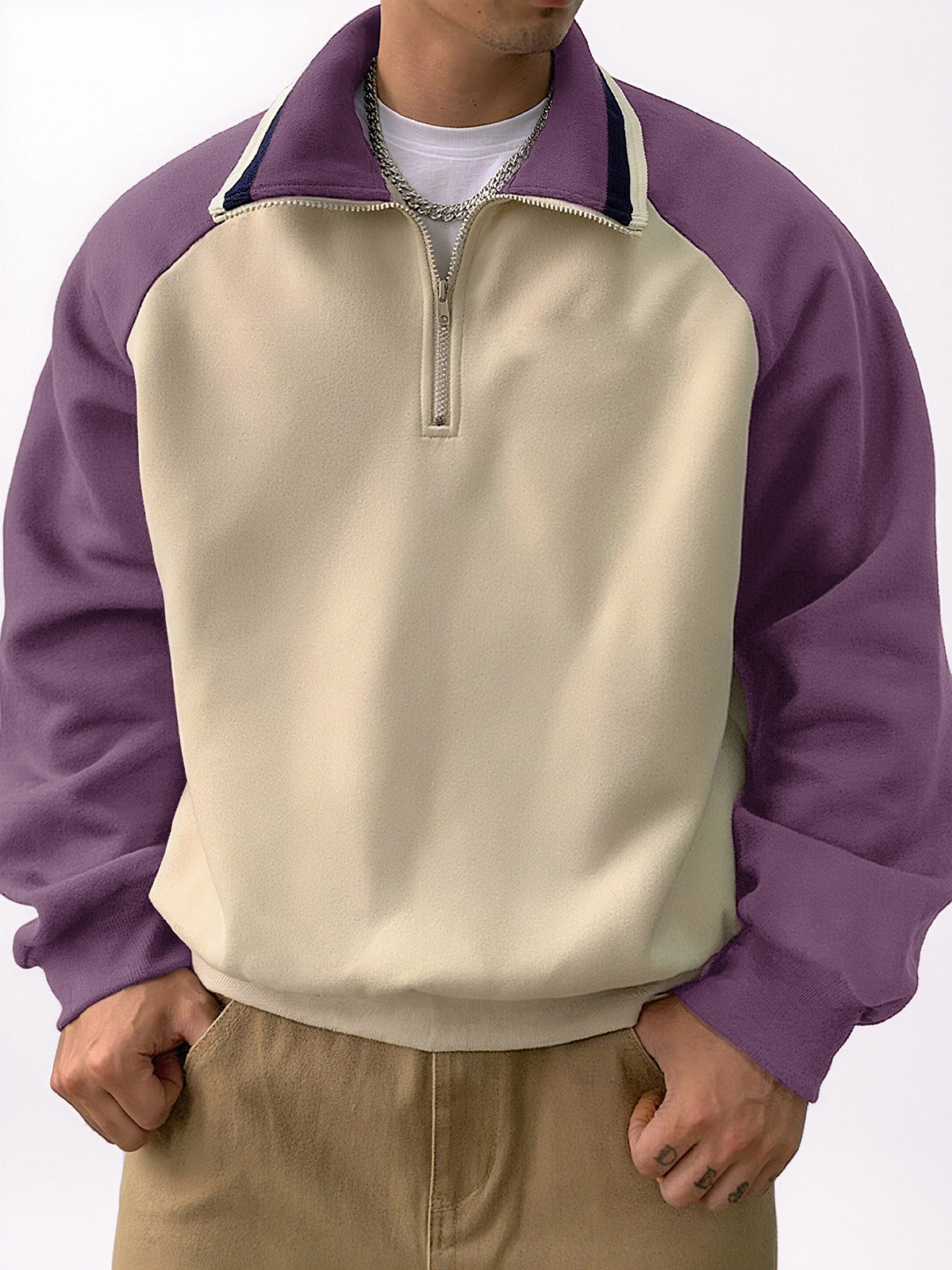 Men's Stylish Retro Patchwork Zippered Loose-fitting Long-sleeved Sweatshirt
