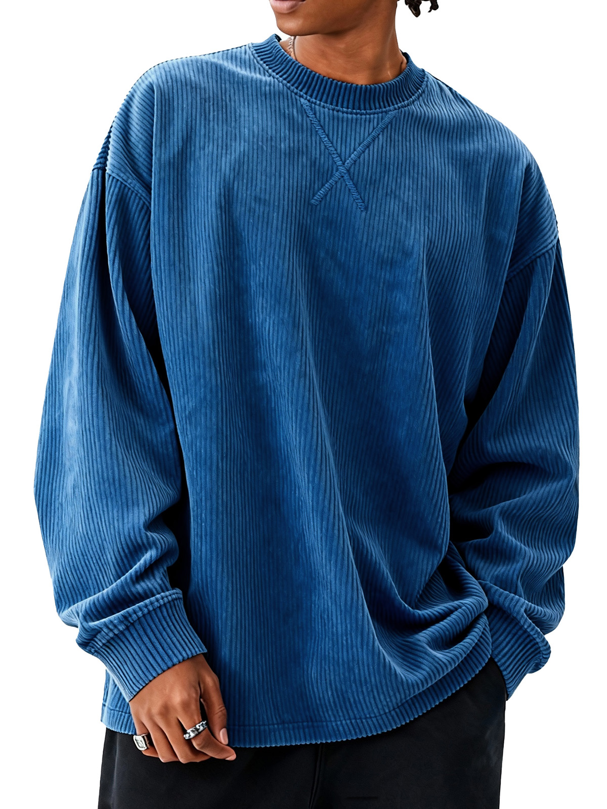 Men's fashionable casual loose round collar corduroy fabric long-sleeved T-shirt