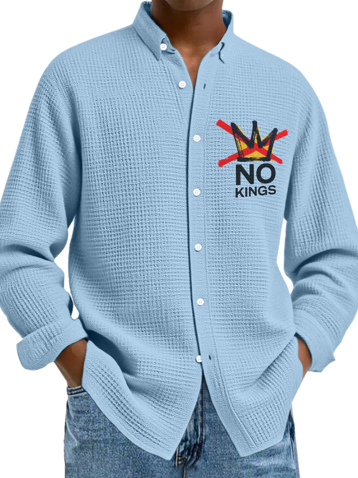 Men's Simple Solid Color Waffle Texture No King Lapel Button Long-sleeved Shirt