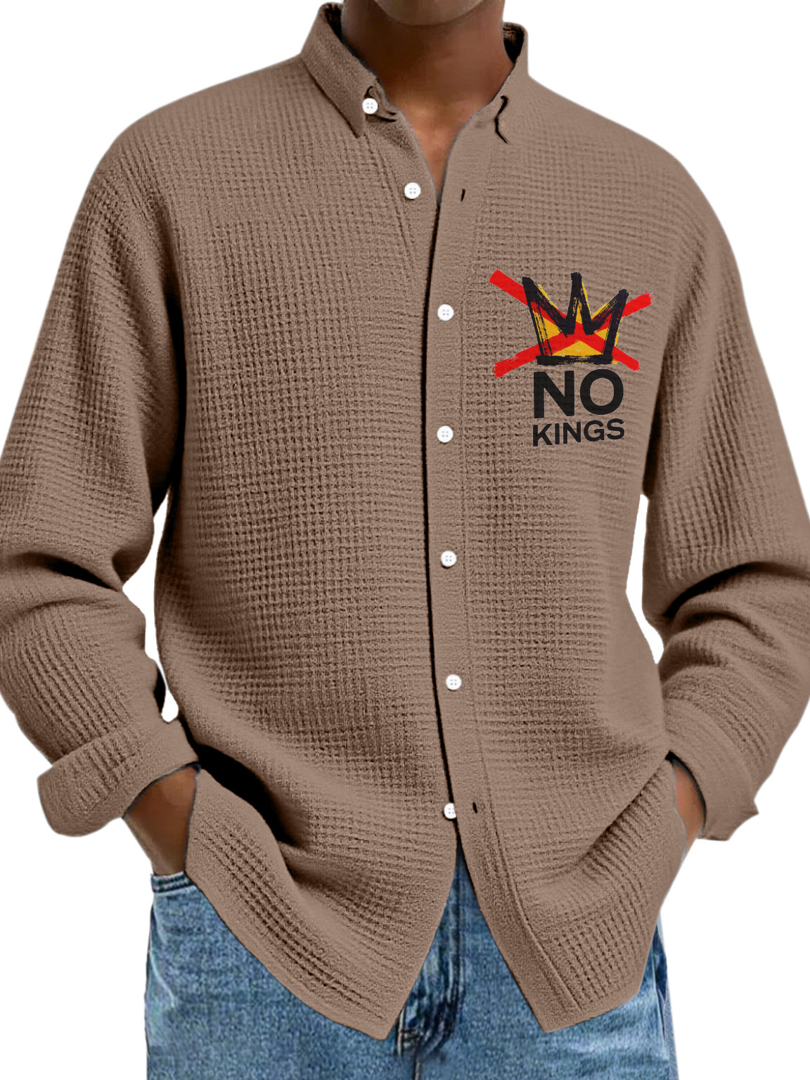 Men's Simple Solid Color Waffle Texture No King Lapel Button Long-sleeved Shirt