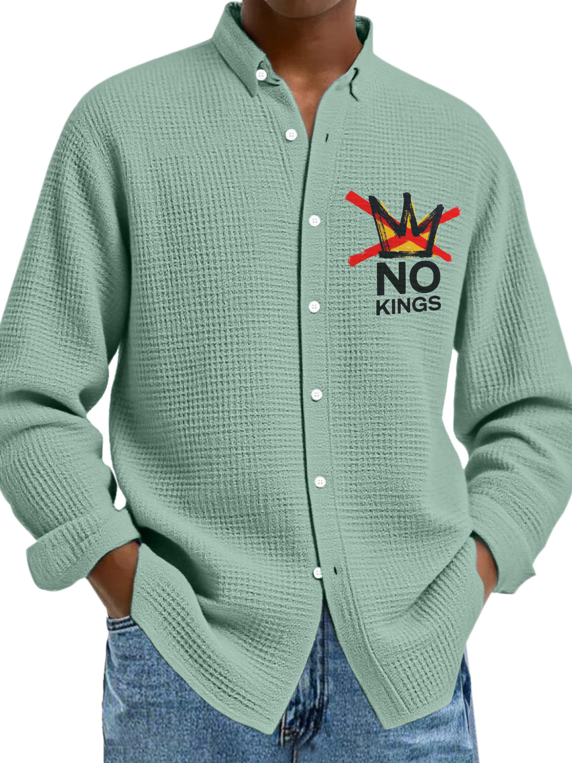 Men's Simple Solid Color Waffle Texture No King Lapel Button Long-sleeved Shirt