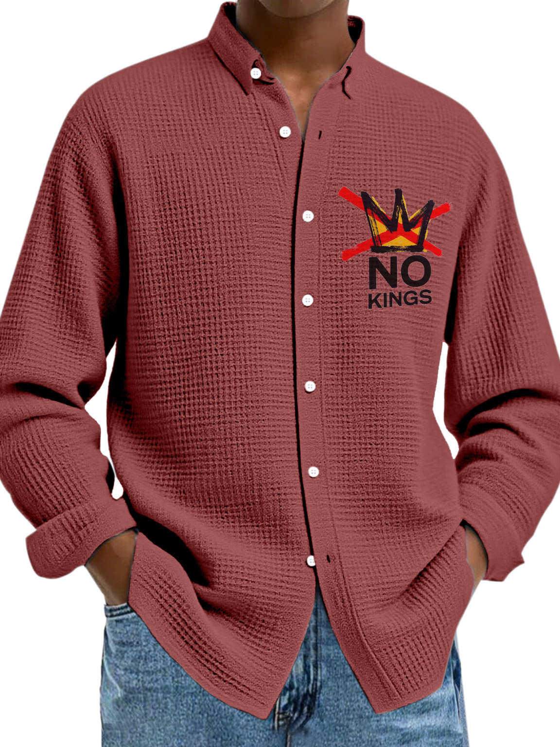 Men's Simple Solid Color Waffle Texture No King Lapel Button Long-sleeved Shirt