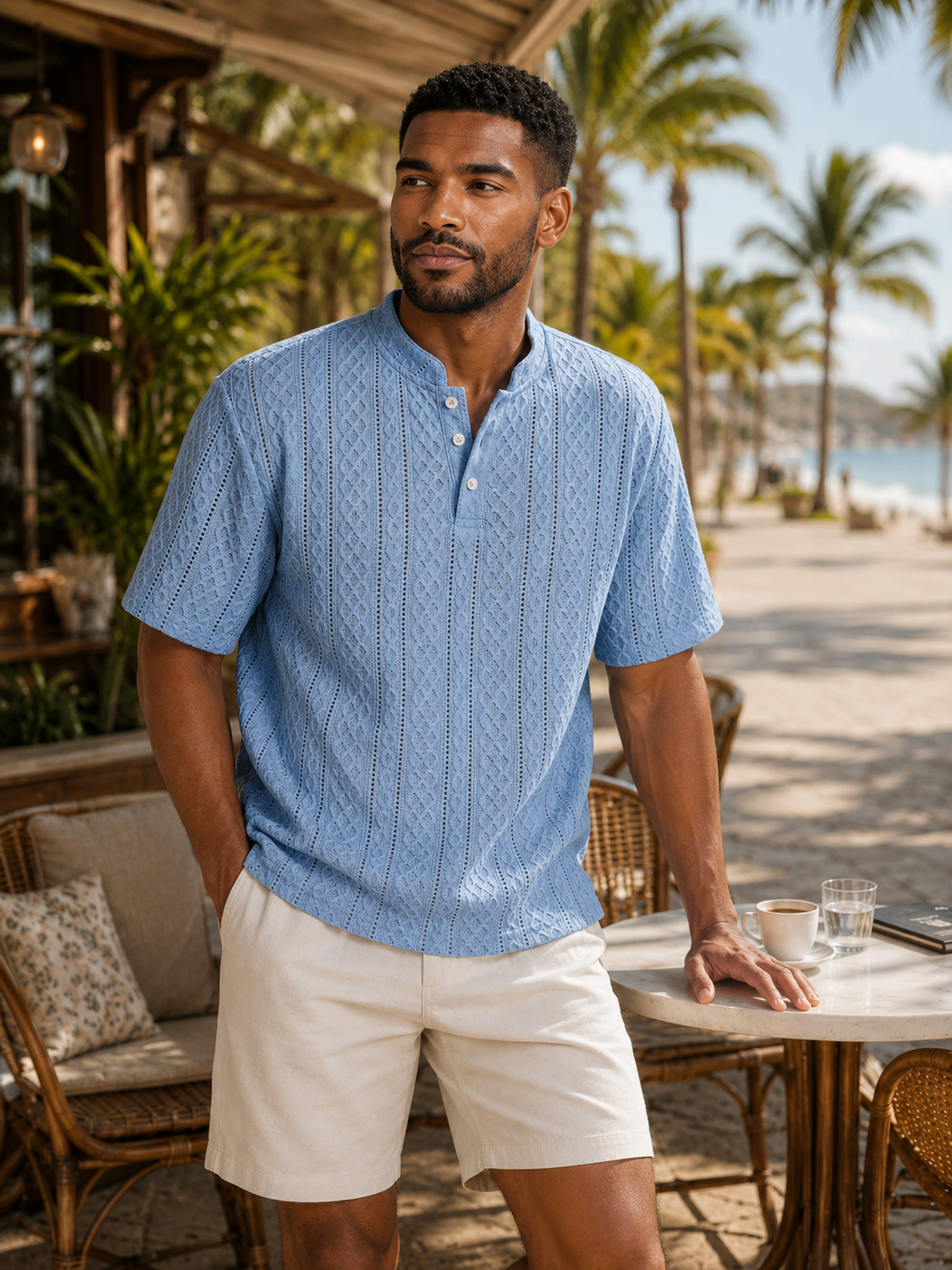 Men's Short-Sleeve Henley Shirt with Stand Collar, Button Placket, and Textured Jacquard Finish
