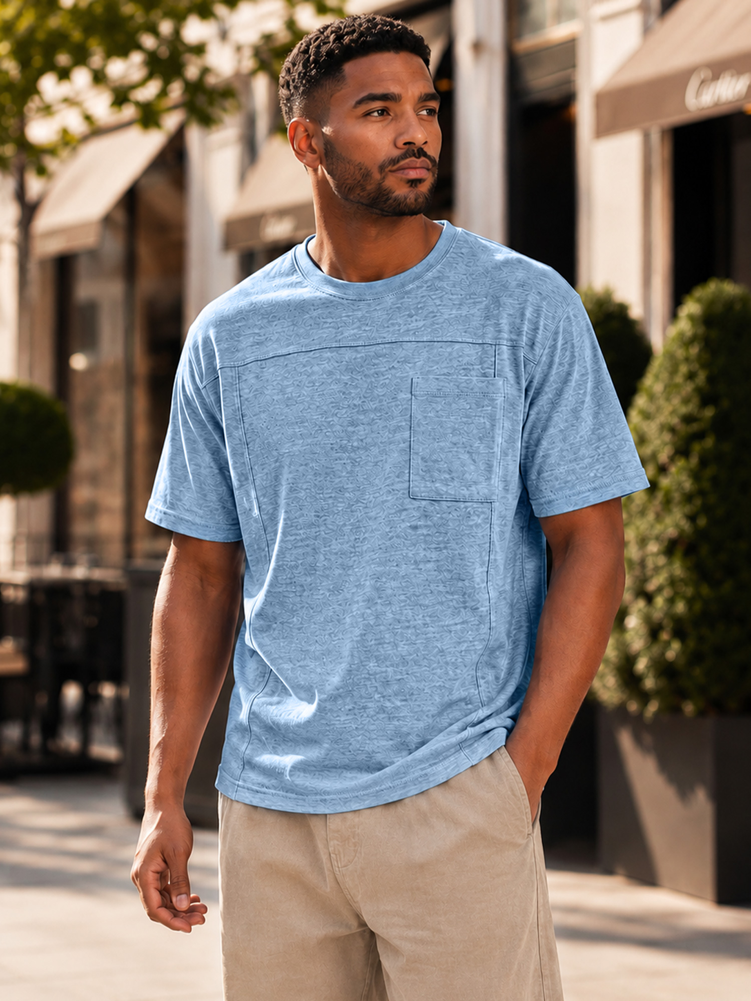 Men's Crew Neck Short-Sleeve T-Shirt with Deconstructed Design and Pocket