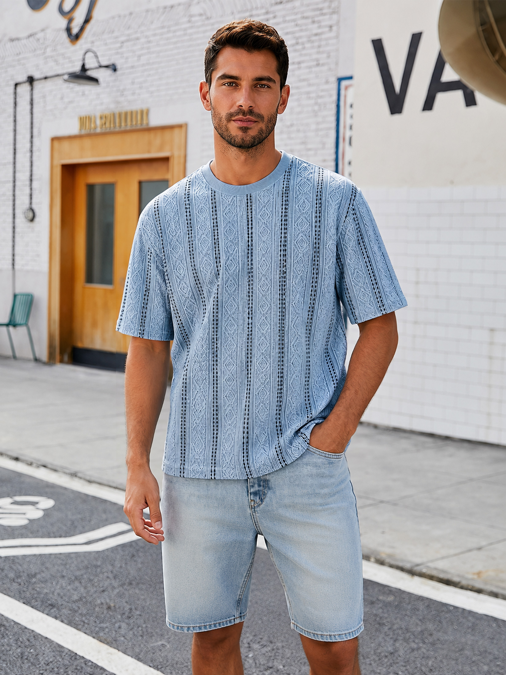 Men's Solid-Color Short-Sleeve Crew-Neck T-Shirt with Jacquard Texture