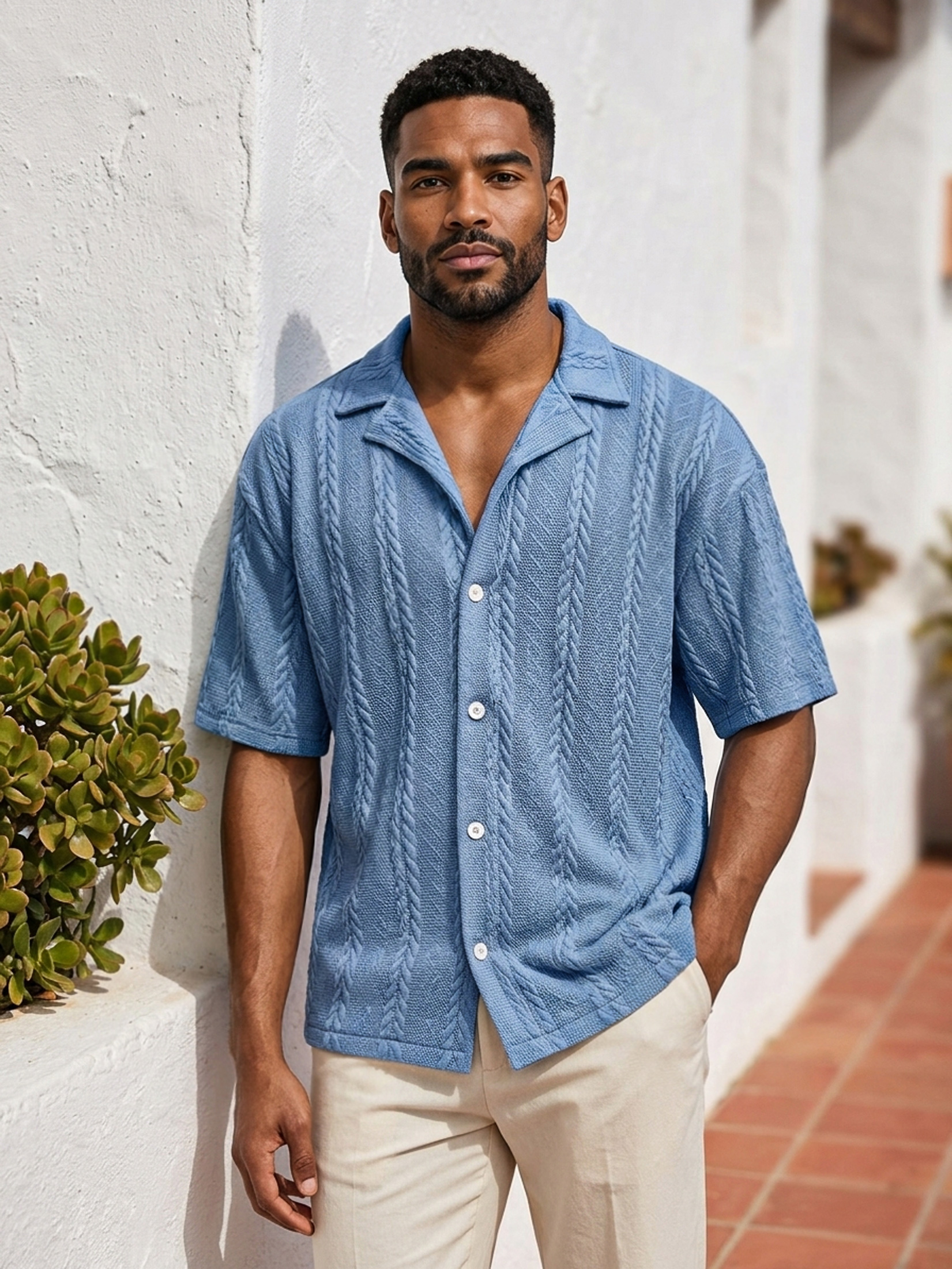 Men's Casual Solid-Color Short-Sleeve Shirt with Jacquard Texture