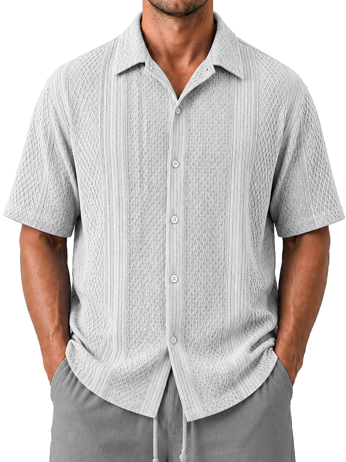 Men's Casual Jacquard Textured Solid Color Short-Sleeve Shirt