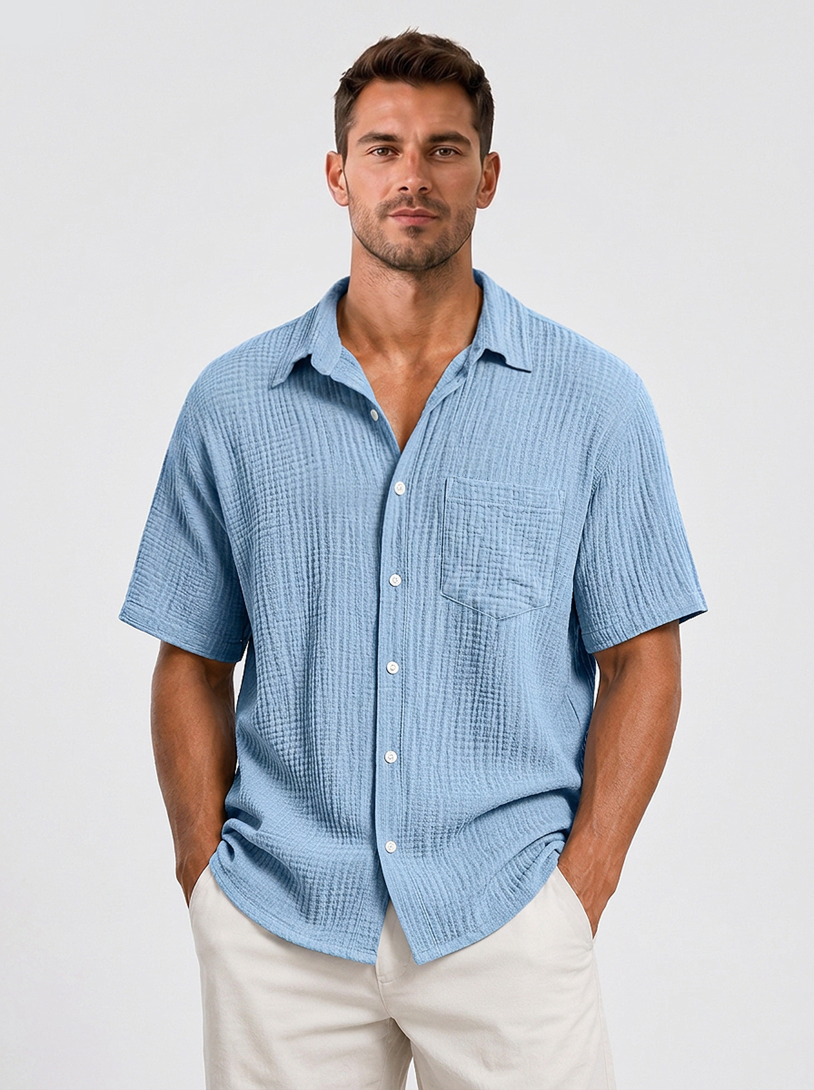 Men's Casual Solid-Color Short-Sleeve Shirt with Textured Pleats and Pocket
