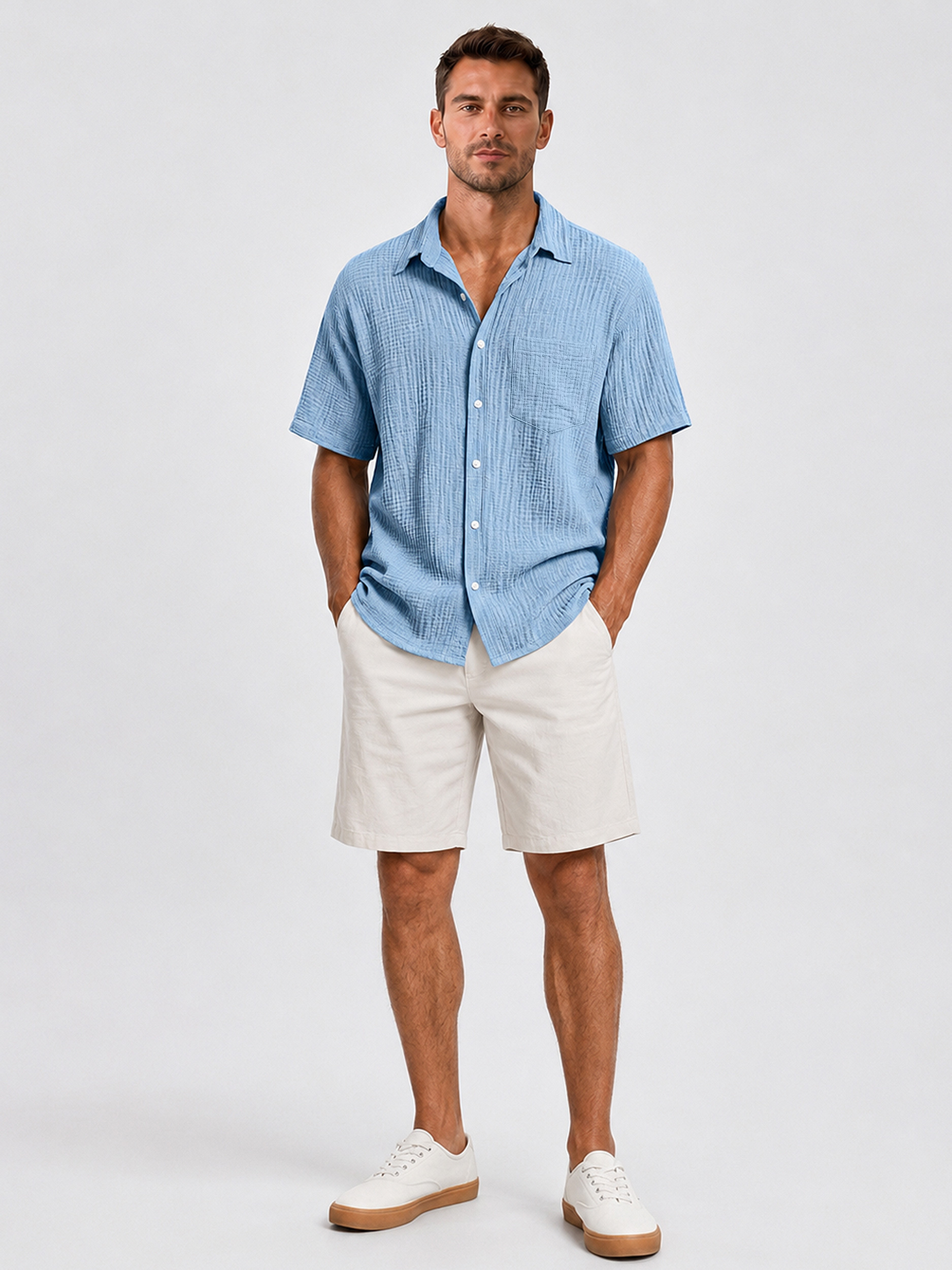 Men's Casual Solid-Color Short-Sleeve Shirt with Textured Pleats and Pocket