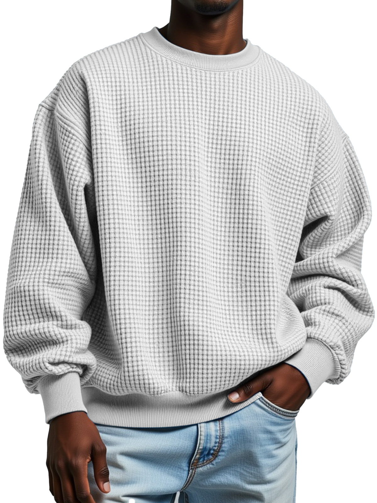 Men's Autumn Solid Color Casual Waffled Crewneck Long Sleeve Sweat