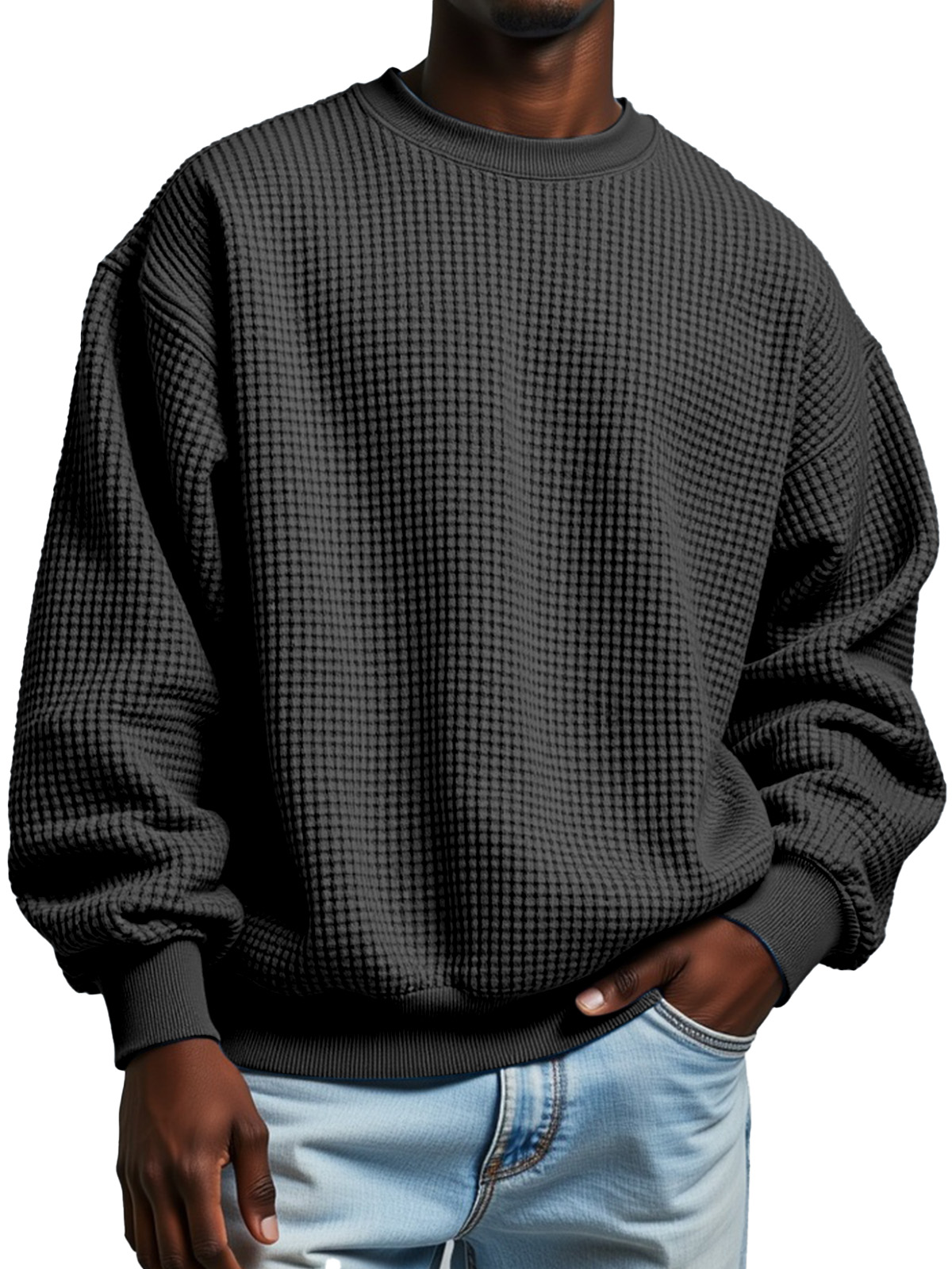 Men's Autumn Solid Color Casual Waffled Crewneck Long Sleeve Sweat