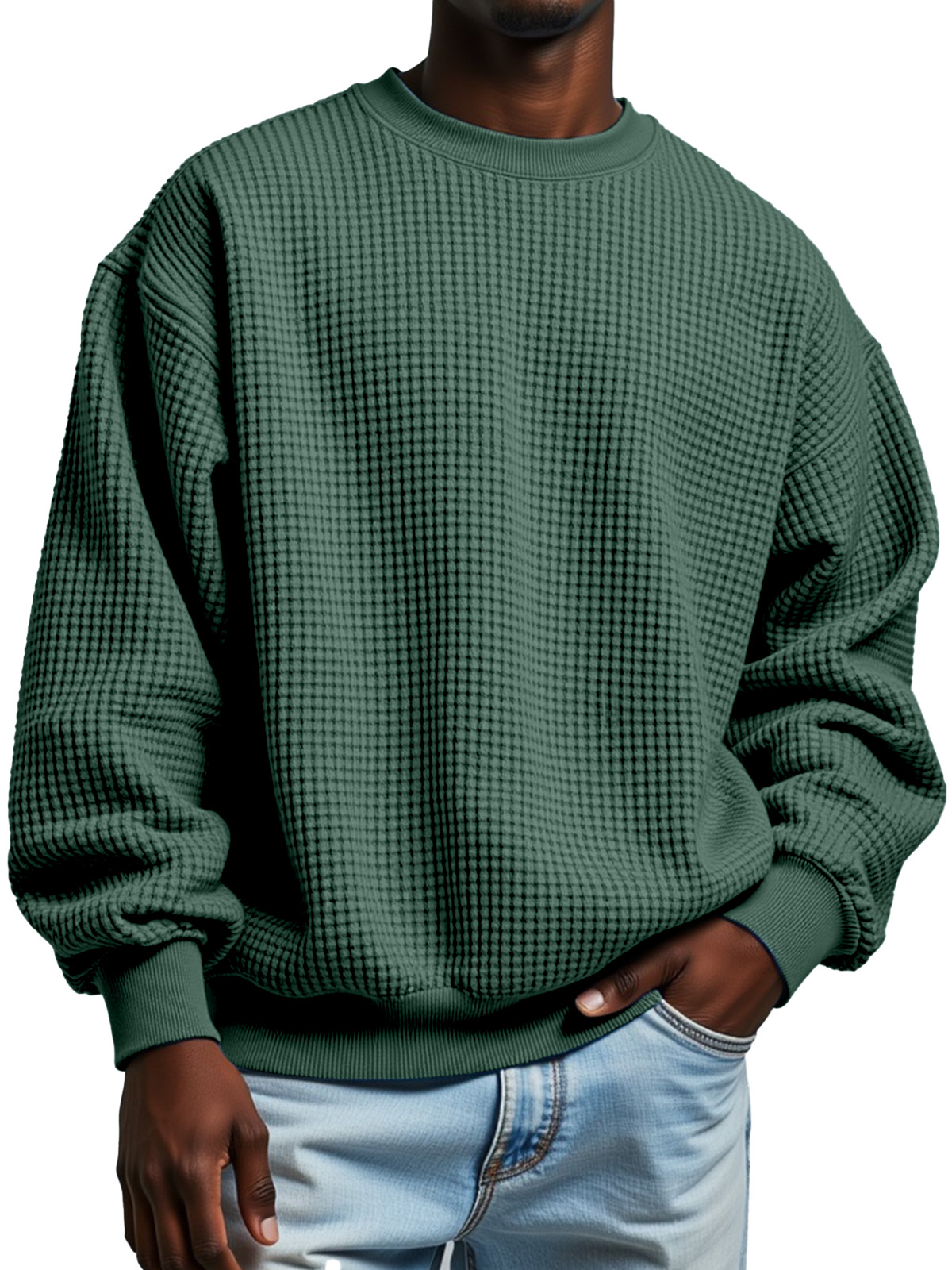 Men's Autumn Solid Color Casual Waffled Crewneck Long Sleeve Sweat