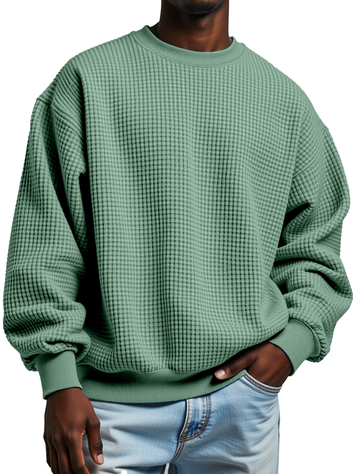 Men's Autumn Solid Color Casual Waffled Crewneck Long Sleeve Sweat