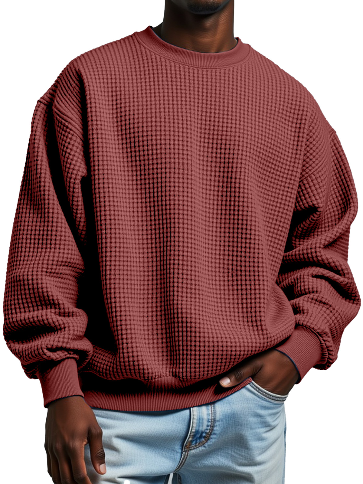 Men's Autumn Solid Color Casual Waffled Crewneck Long Sleeve Sweat