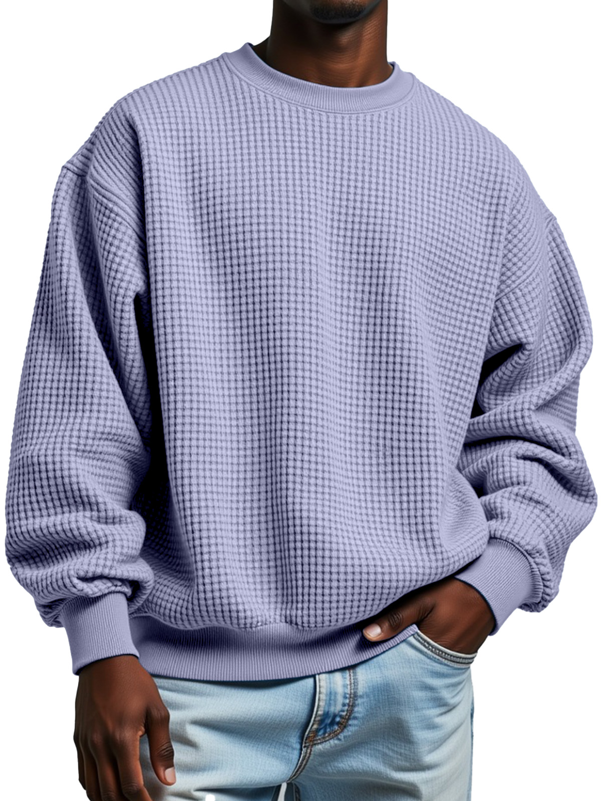 Men's Autumn Solid Color Casual Waffled Crewneck Long Sleeve Sweat