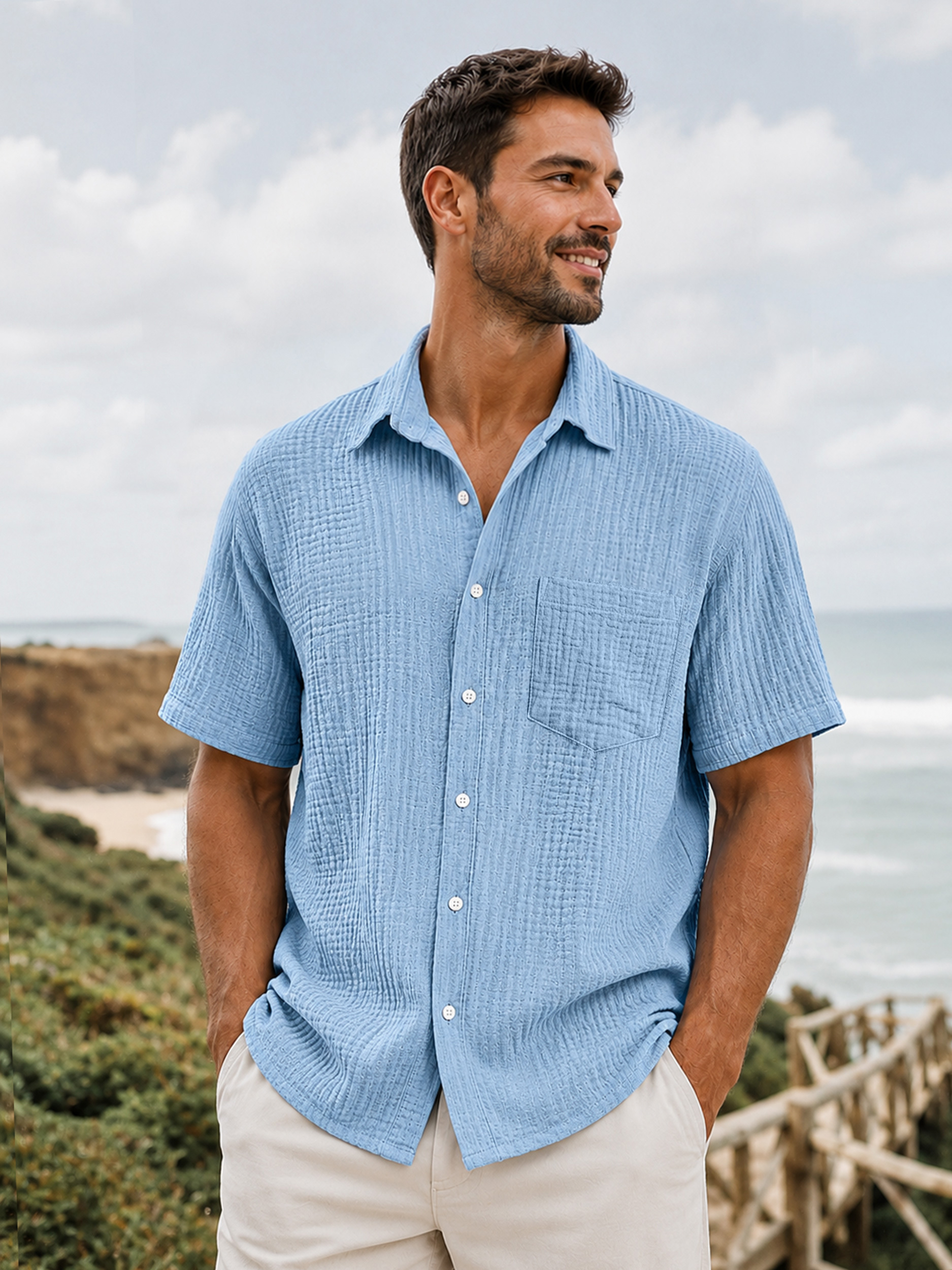 Men's Casual Solid-Color Short-Sleeve Shirt with Textured Pleats and Pocket