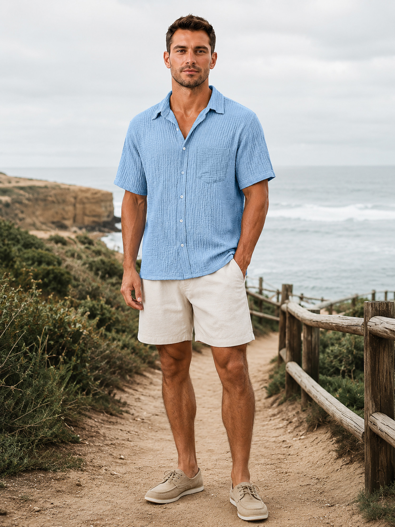Men's Casual Solid-Color Short-Sleeve Shirt with Textured Pleats and Pocket
