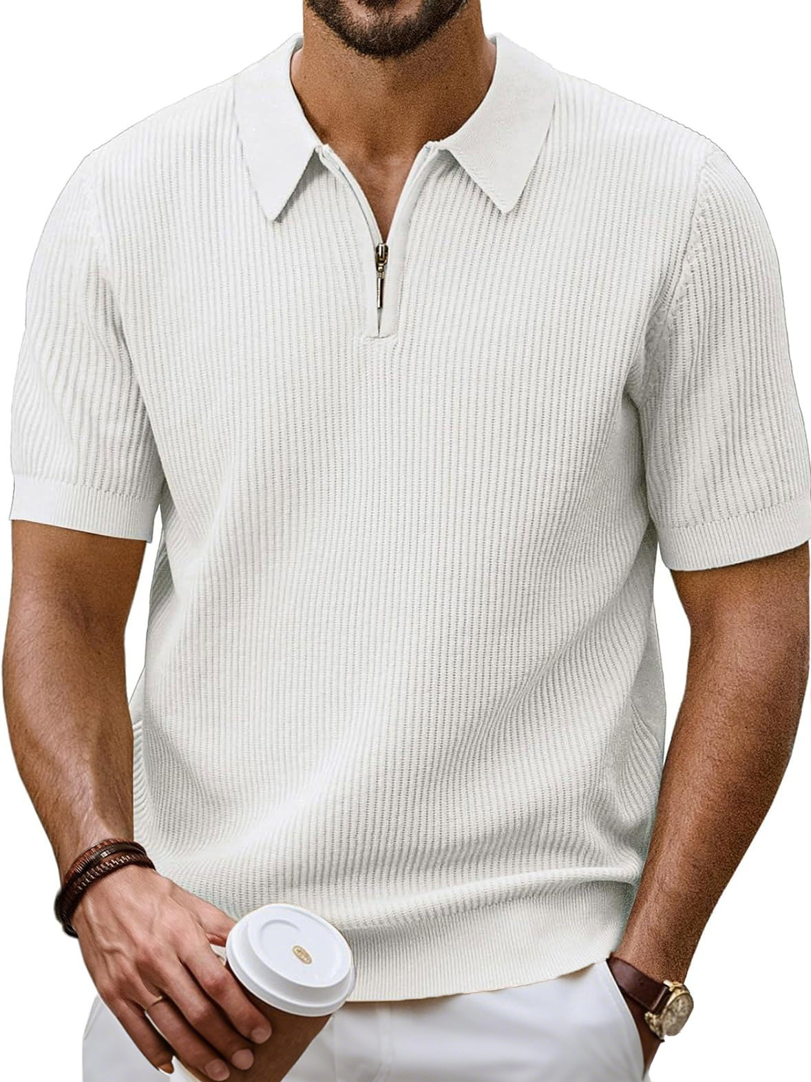 Men's Fashion Daily Casual Ripstop Fabric Zipper Short-sleeved Polo Shirt