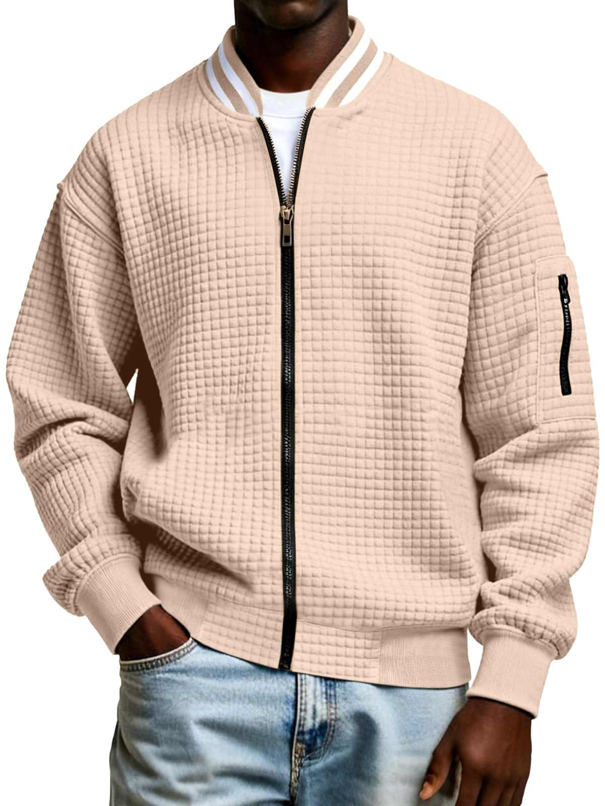 Men's Plaid Texture Solid Color Zipper Stand Collar Sweatshirt Jacket