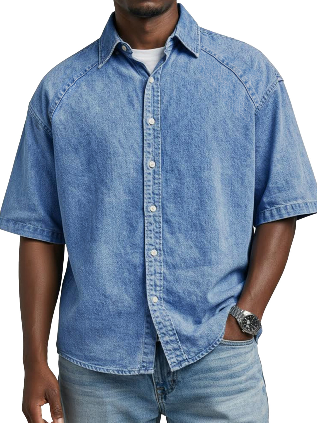 Men's Retro Solid Color Raglan Collared Short-Sleeve Shirt
