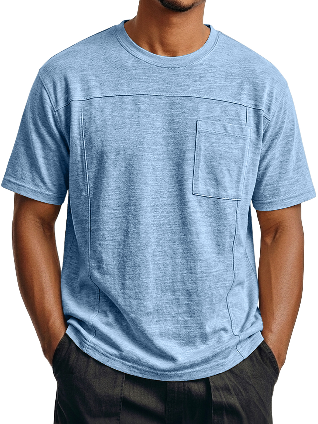 Men's Crew Neck Short-Sleeve T-Shirt with Deconstructed Design and Pocket