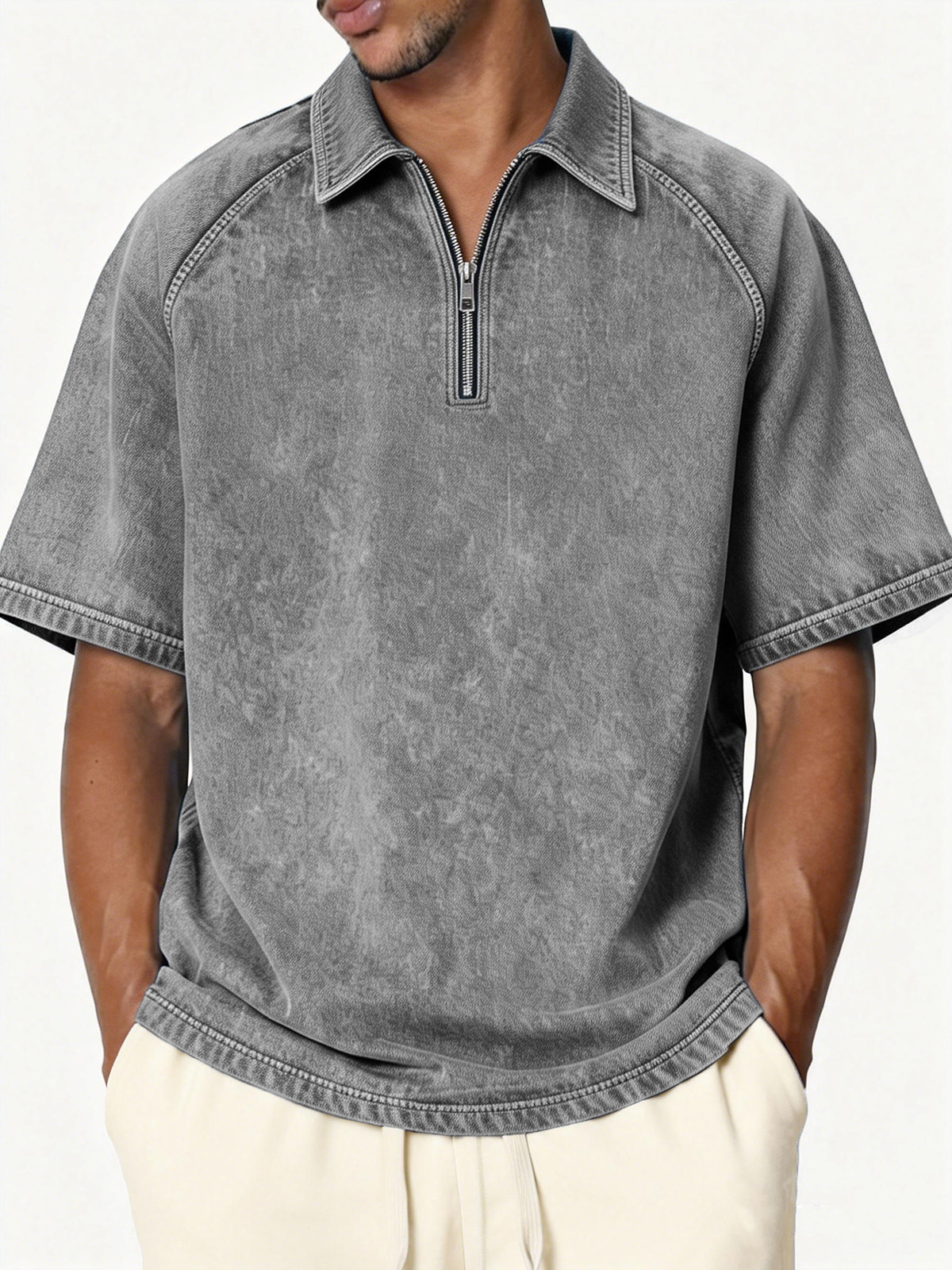 Men's Retro Distressed Raglan Collar Zipper Loose Short-Sleeve Polo Shirt