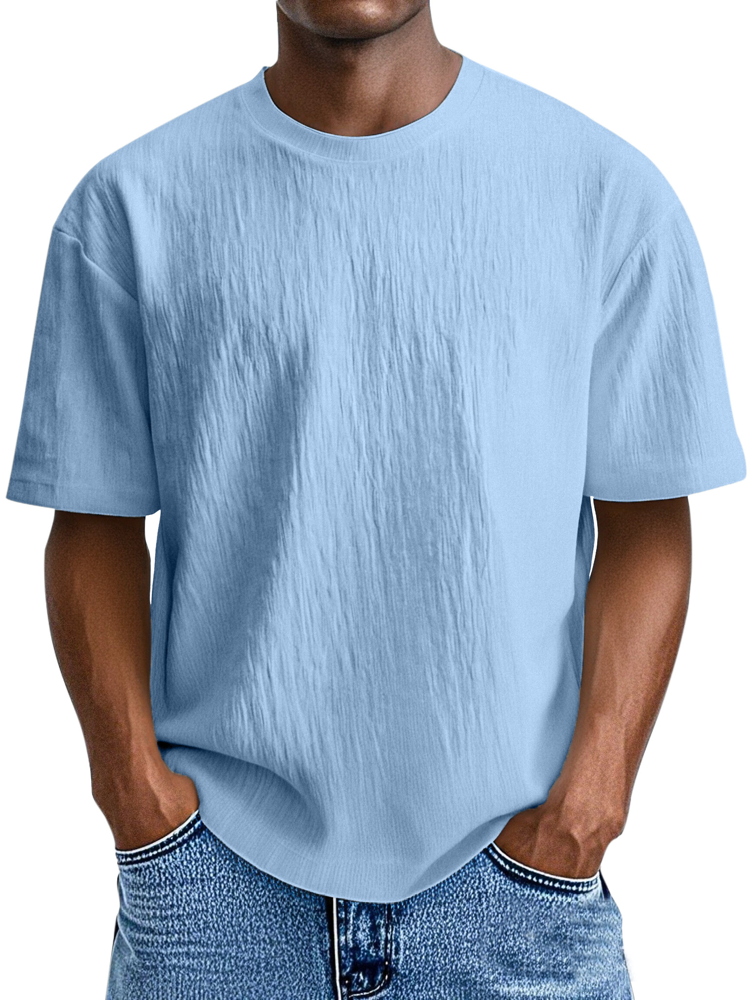Men's Simple, Comfortable And Loose Solid Color Pleated Round Neck Short-sleeved T-shirt