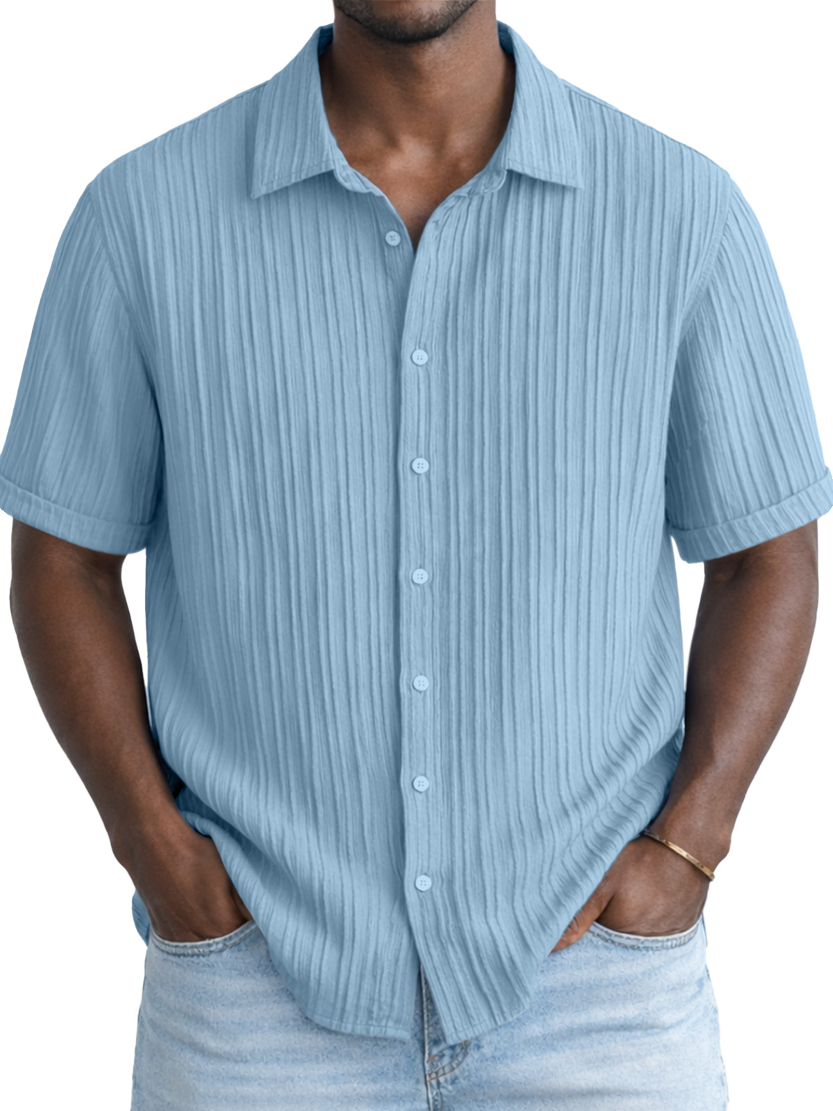 Men's Solid Color Breathable Vertical Stripe Simple Short-Sleeve Shirt