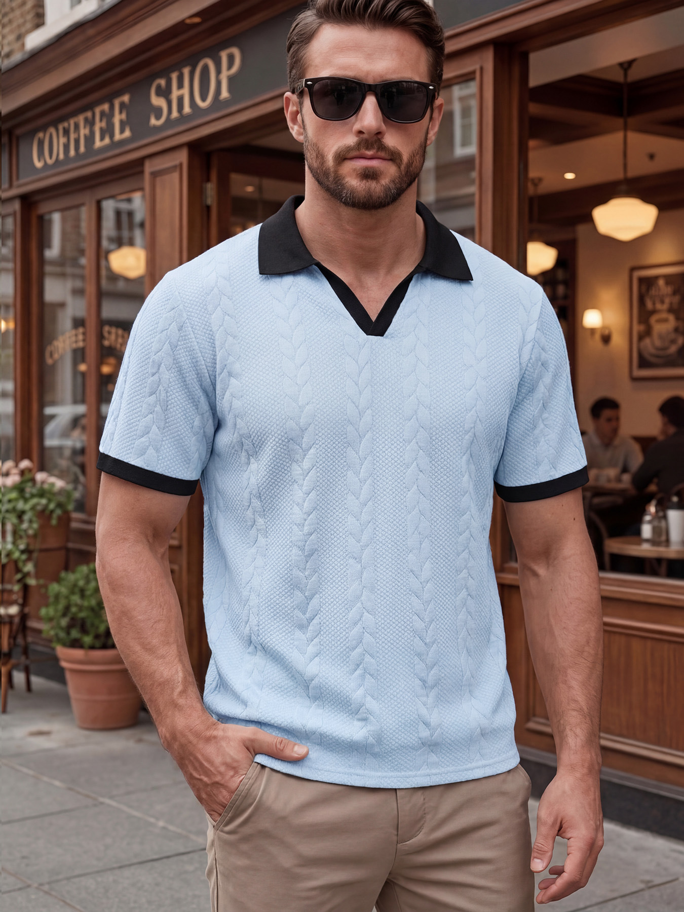 Men's Daily Contrast Jacquard Short Sleeve Polo Neck T-shirt
