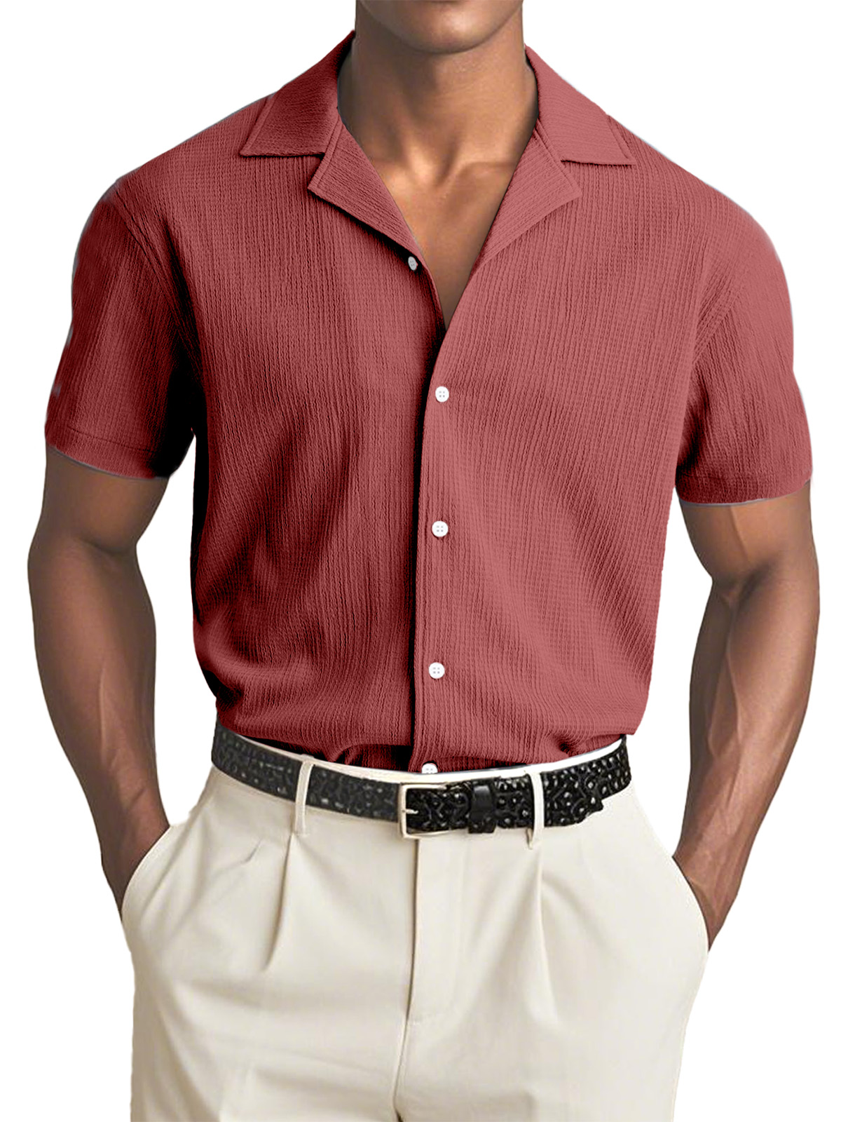 Men's Simple Solid Color Textured Cuban Collar Short-sleeved Shirt