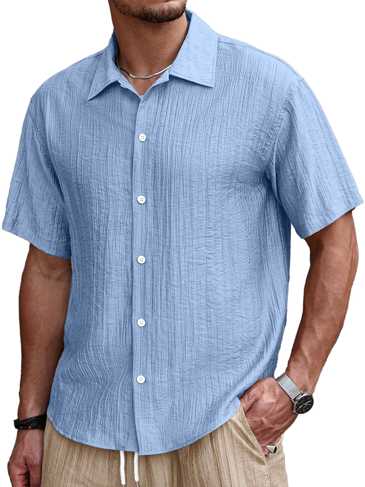Men's Simple Casual Pleated Solid Color Short Sleeve Button Lapel Shirt