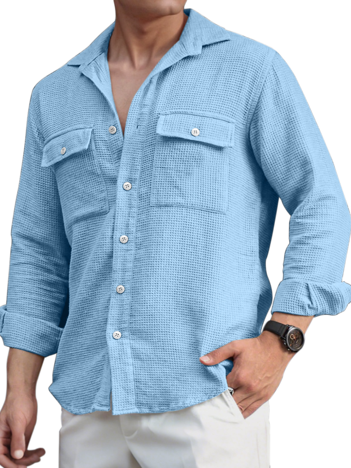 Men's Everyday Casual Solid Color Double Pocket Waffle Lapel Long Sleeve Shirt
