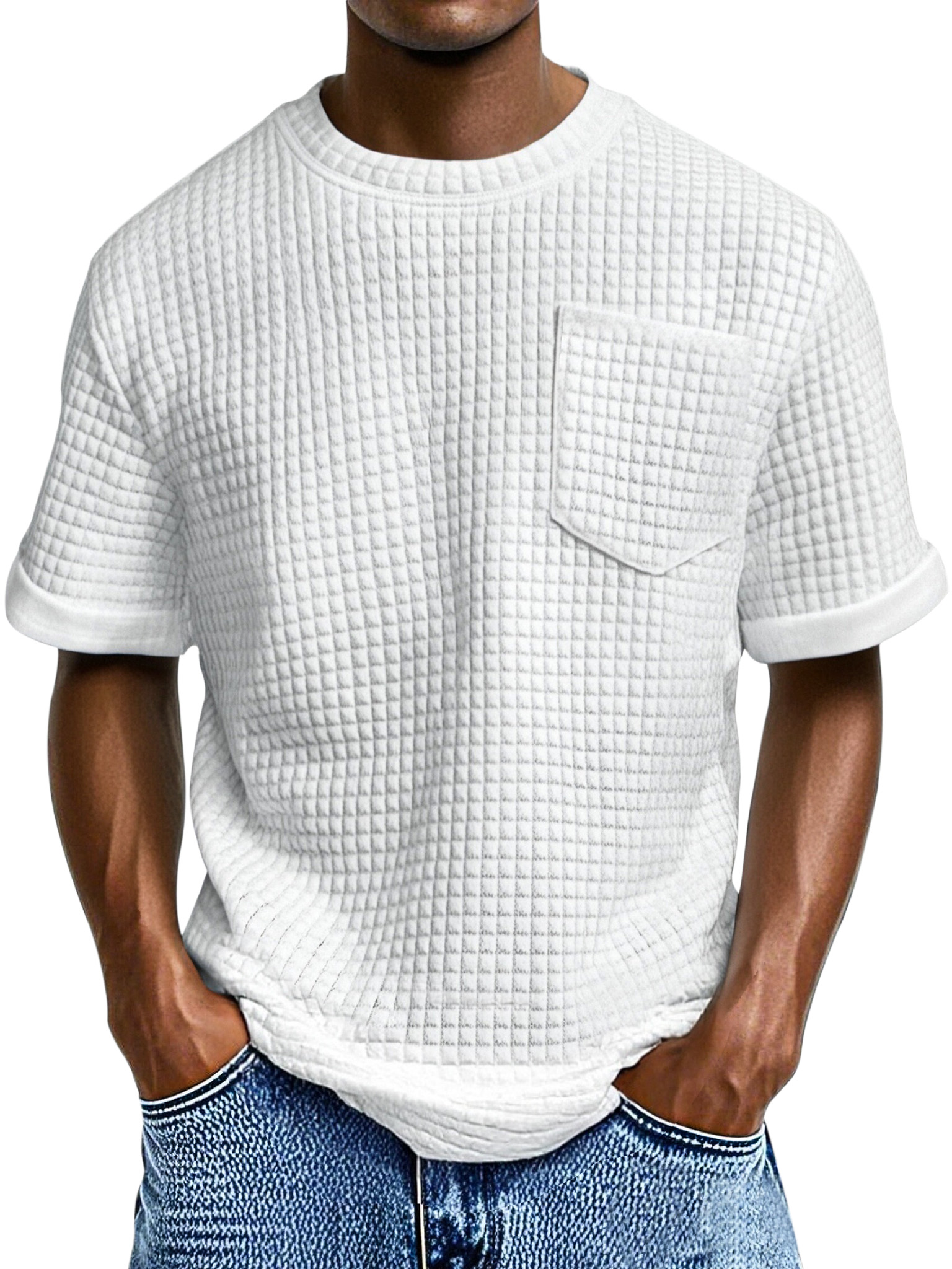 Men's Casual Loose Small Square Texture Pocket Round Neck Short-sleeved T-shirt