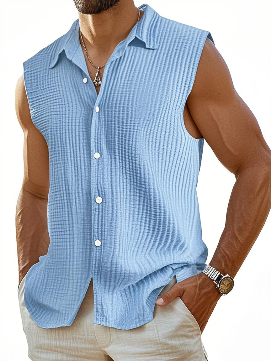 Men's Casual Pleated Texture Solid Color Sleeveless Shirt