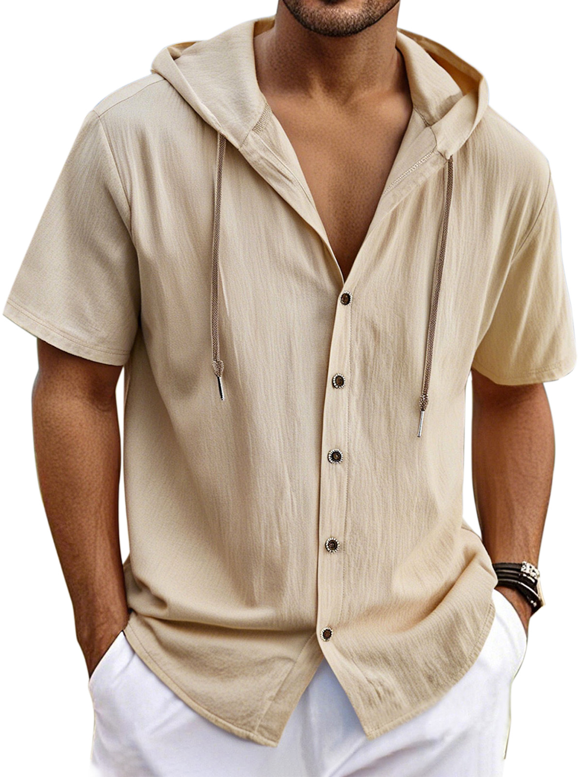 Men's Casual Solid Linen Short Sleeve Hooded Shirt