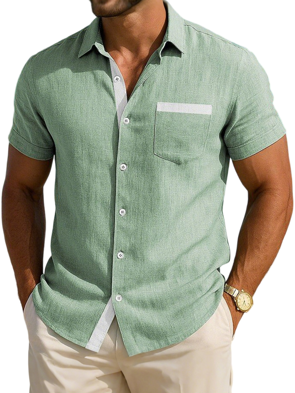Men's Simple Daily Casual Breathable Contrast Button Short-sleeved Shirt