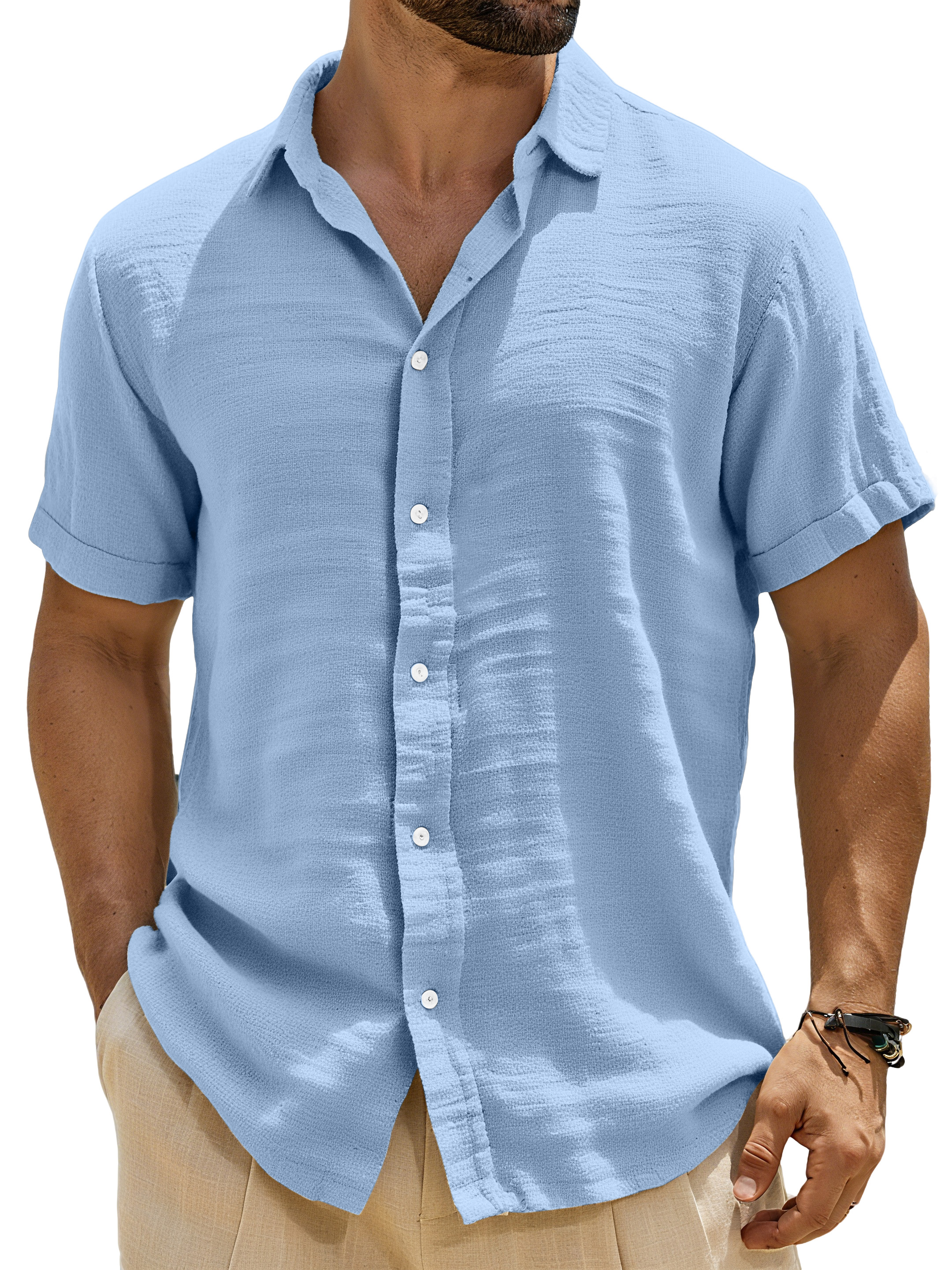 Men's Casual Solid Color Breathable Imitation Linen Button Short-sleeved Shirt