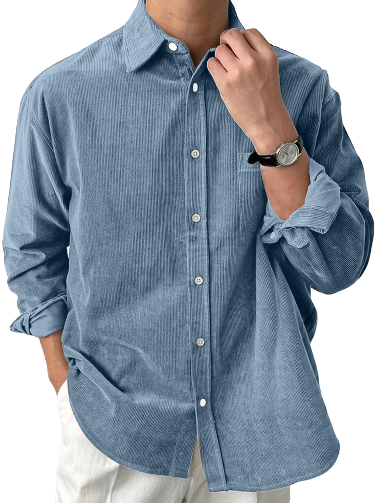 Men's Casual Solid Color Corduroy Loose Lapel Long Sleeve Shirt