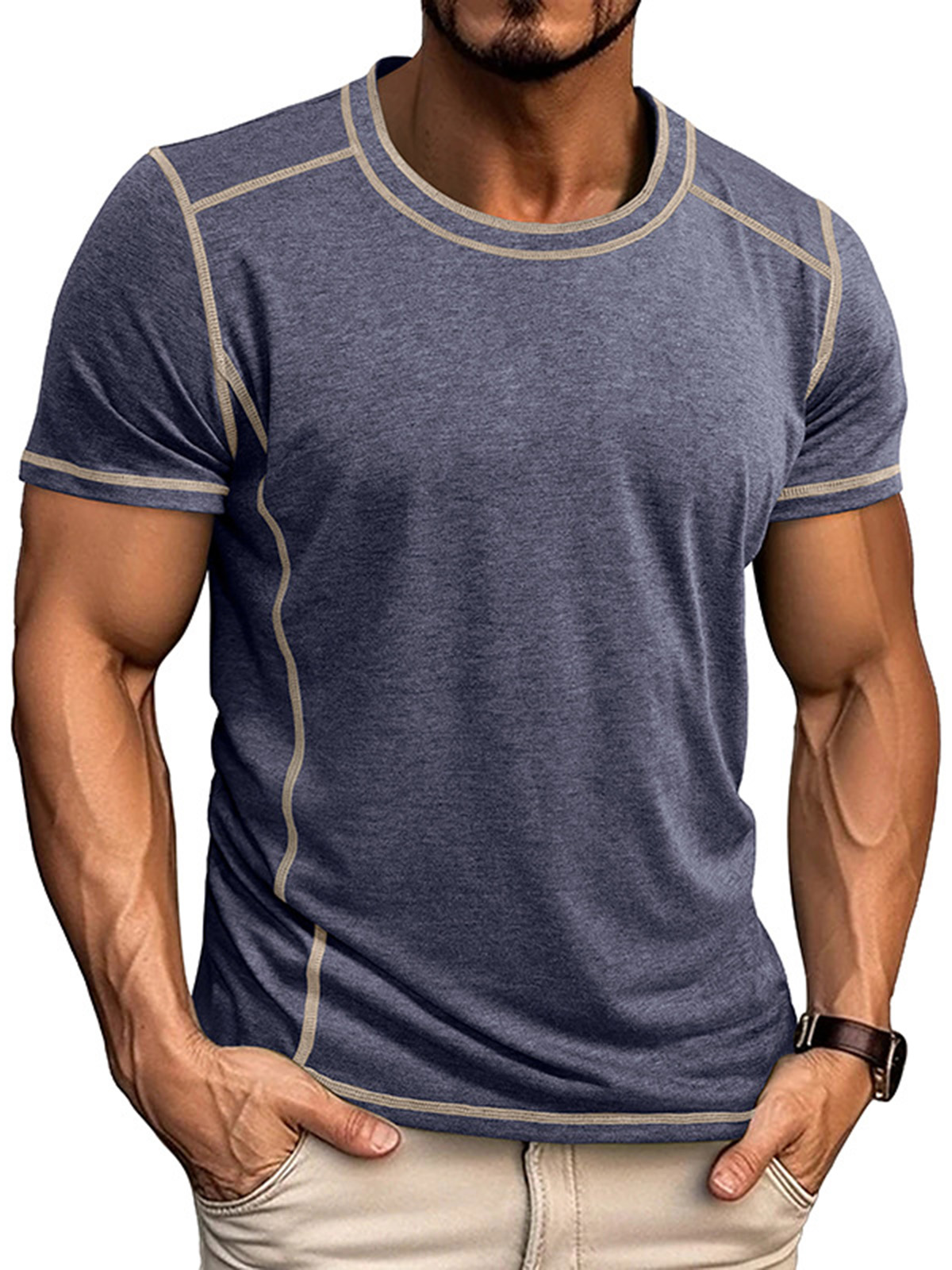 Men's Basic Casual Solid Color Stitching Design Round Neck Short-sleeved T-shirt