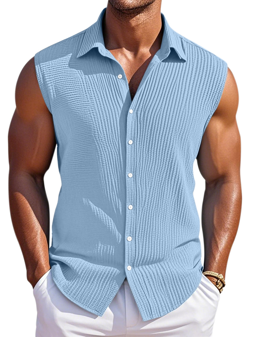 Men's Summer Simple Pleated Texture Daily Lapel Button Sleeveless Shirt