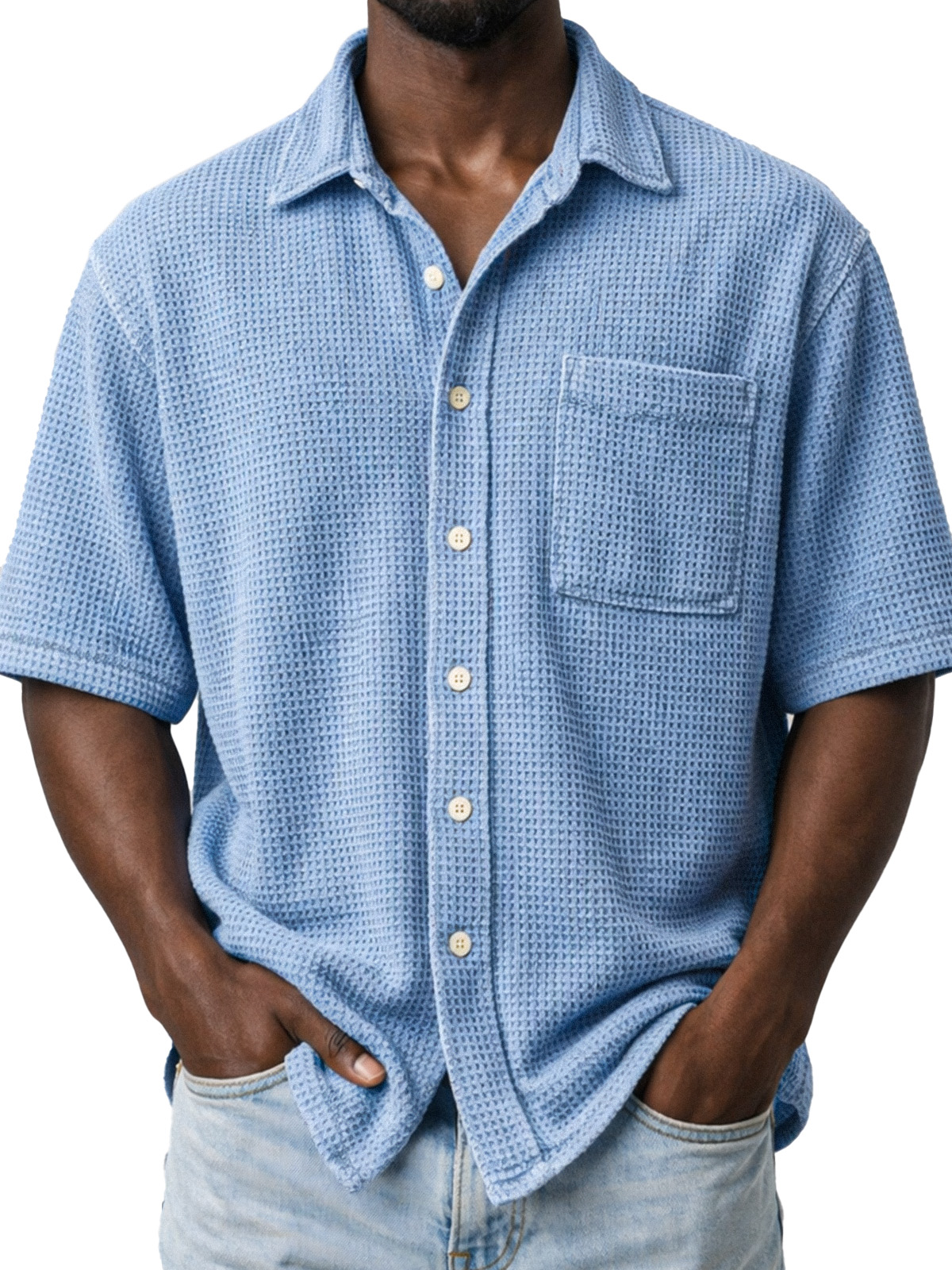 Men's Casual Solid Color Waffle Knit Short-sleeved Shirt With Pockets