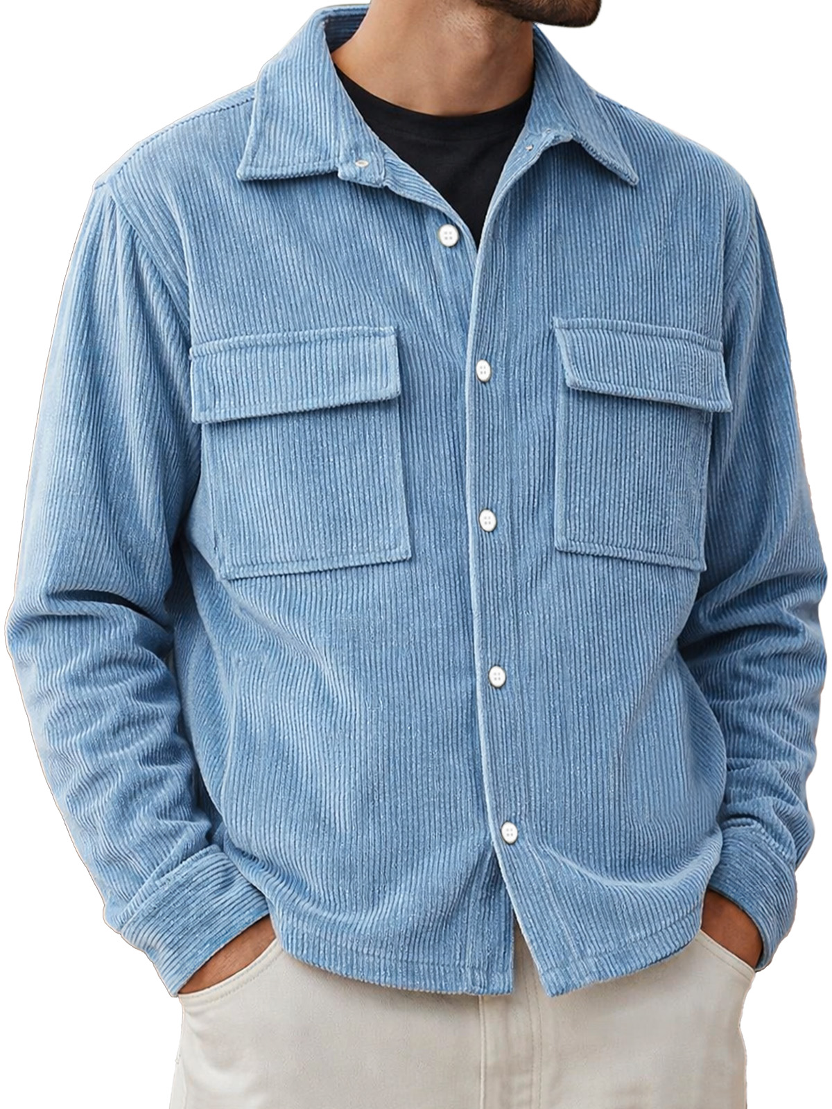 Men's Basic Double-pocket Corduroy Button-down Long-sleeved Shirt