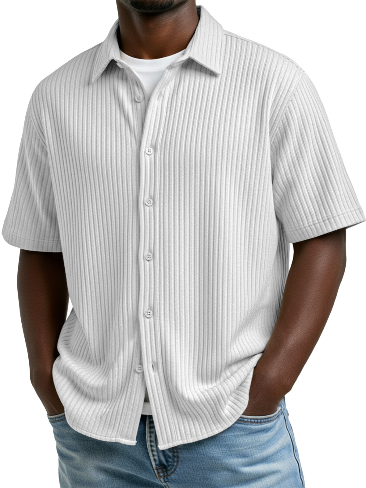 Men's Simple Solid Color Vertical Stripe Lapel Short-Sleeve Shirt